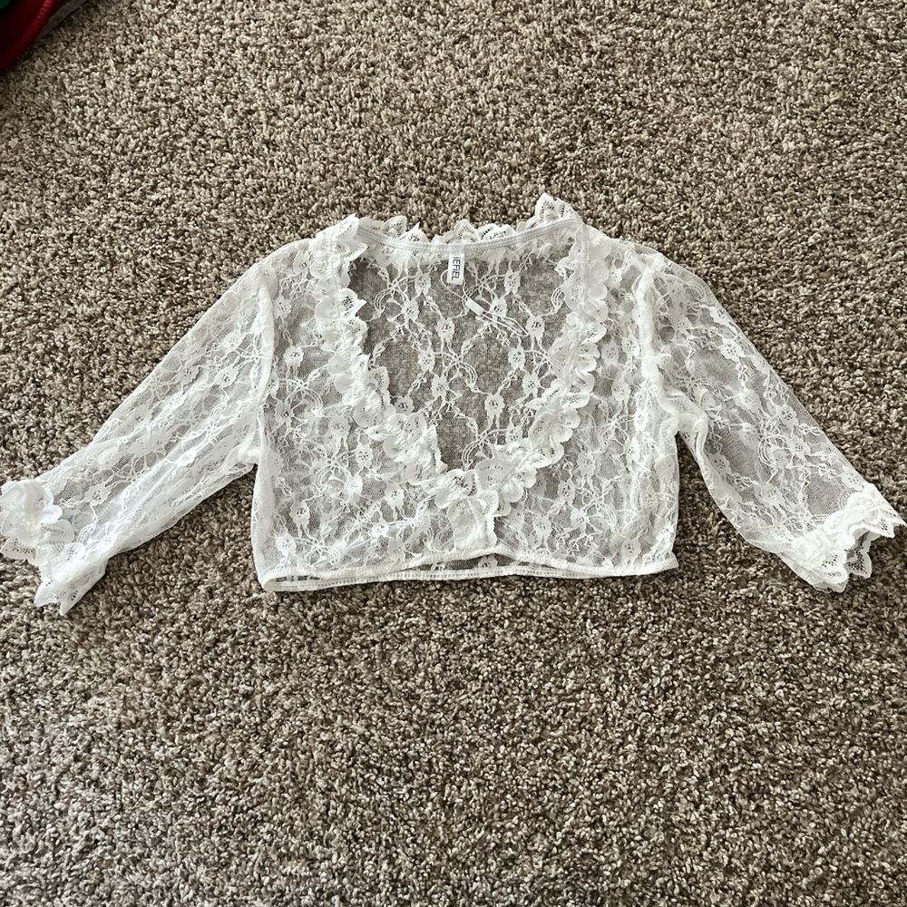 White Lace Crop Blouse with 3/4 Sleeves